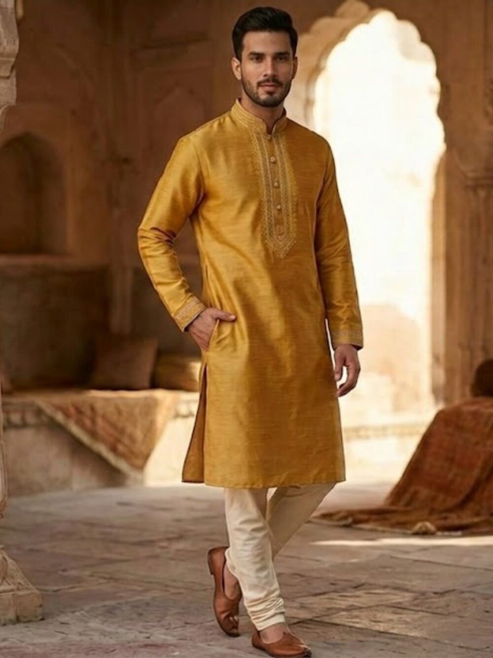 Men’s Gold Raw Silk Style Kurta Tunic Shirt Embroidered Size 36